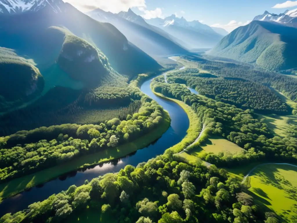 Vista aérea de área protegida, con bosques verdes, ríos y montañas nevadas