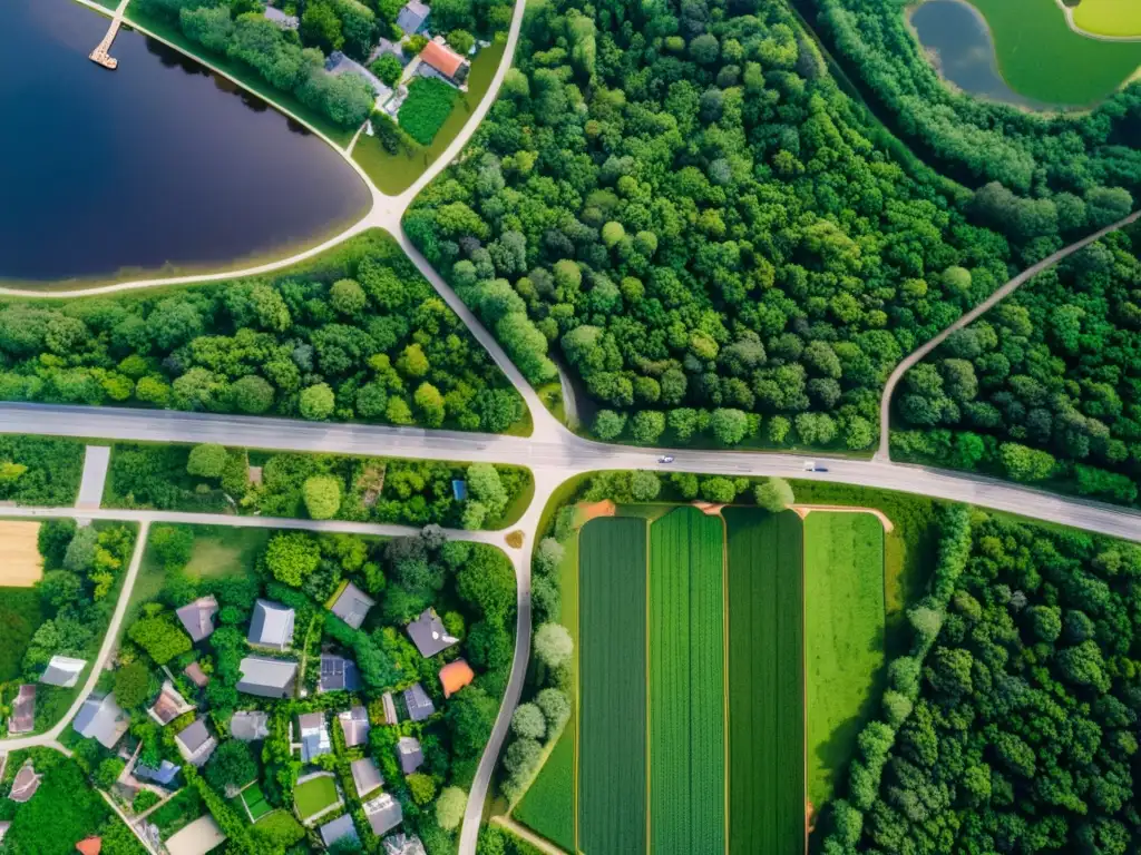 Vista aérea de área urbana con tecnologías para control de dispersión de especies y promover biodiversidad