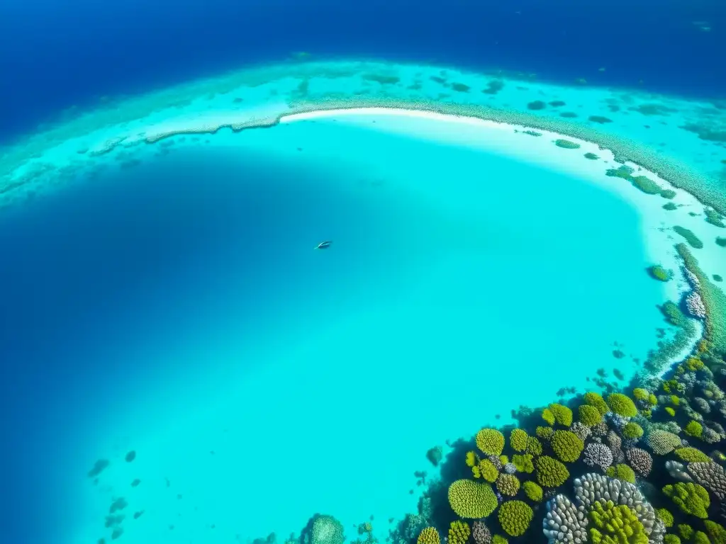 Vista aérea de un arrecife de coral vibrante con diversa vida marina y delicadas formaciones de coral