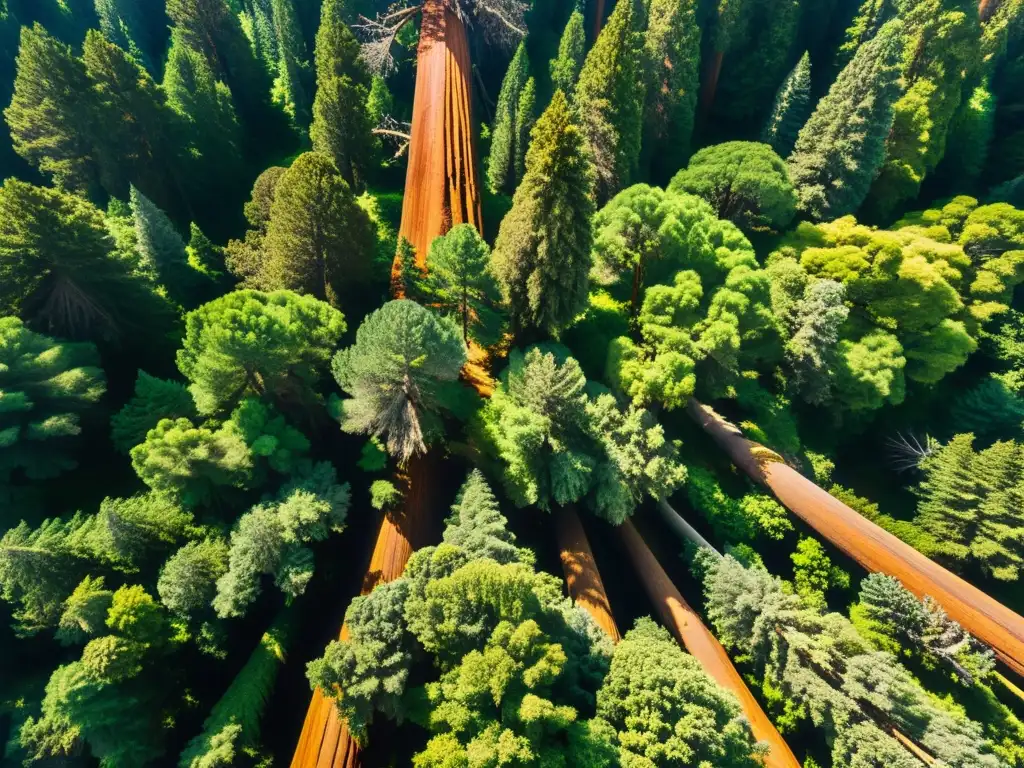 Vista aérea asombrosa del ecosistema de las secuoyas gigantes, con luz solar filtrándose a través del dosel para iluminar el exuberante follaje verde