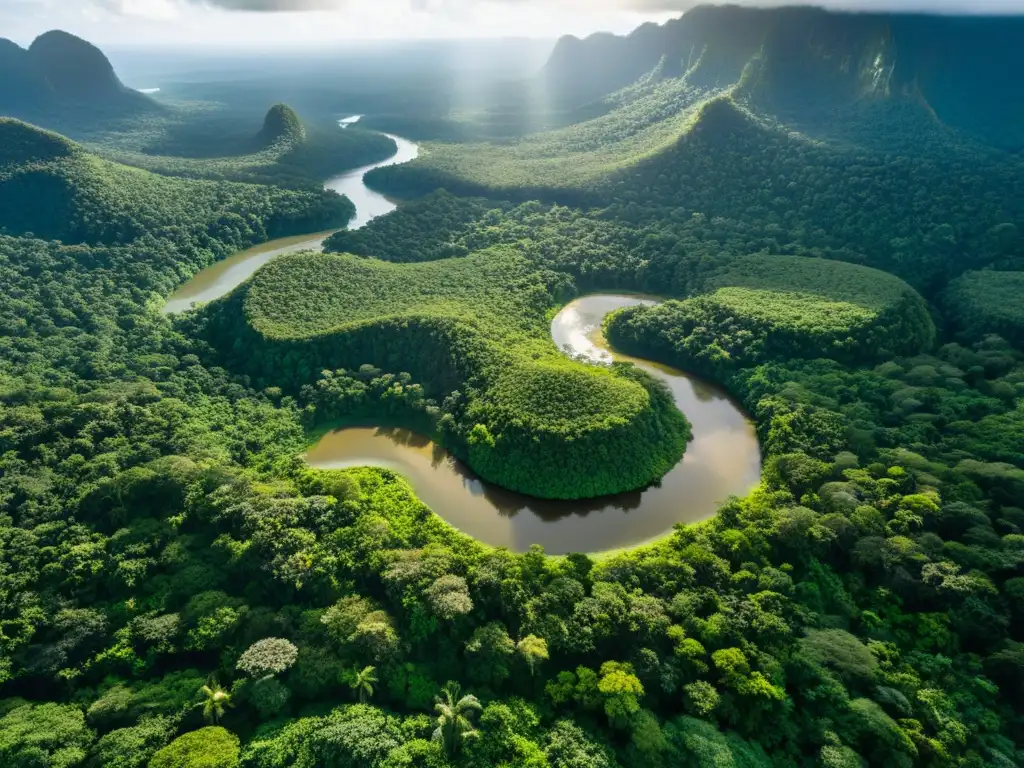 Vista aérea asombrosa de la selva tropical con río serpenteante y comunidad indígena