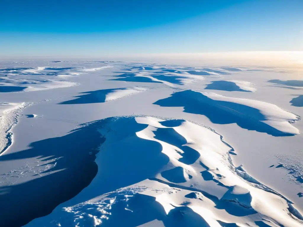 Vista aérea de la belleza austera de los ecosistemas polares, con la tundra nevada y el sol proyectando sombras largas