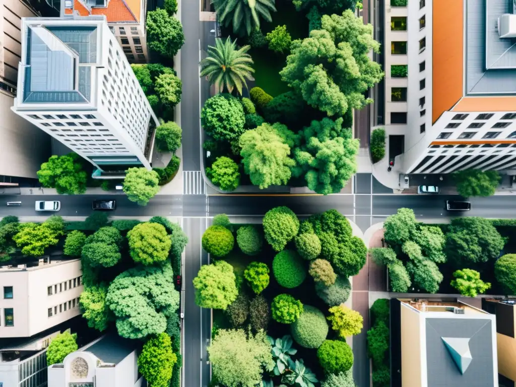 Vista aérea de una bulliciosa ciudad con edificios modernos y áreas verdes, reflejando la vida urbana sostenible