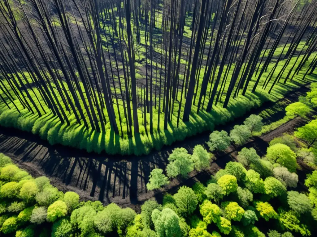 Vista aérea de bosque calcinado con árboles ennegrecidos y regeneración verde, influencia de grandes incendios en regeneración