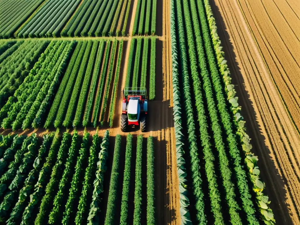 Vista aérea de un campo agrícola verde exuberante con cultivos sanos y un tractor robótico de última generación