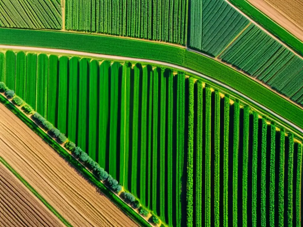 Vista aérea de campos agrícolas con cultivos orgánicos y convencionales