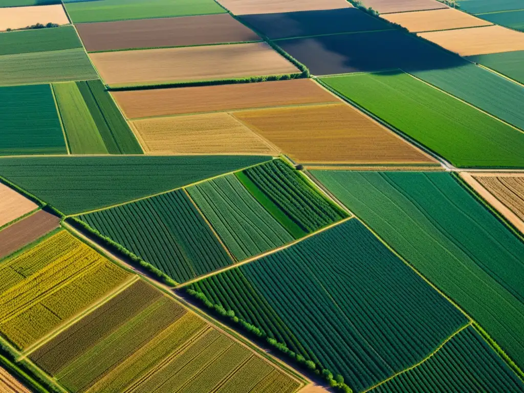 Vista aérea de campos agrícolas con diversidad de cultivos, reflejando la labor humana y la soberanía alimentaria en medio de conflictos agrarios