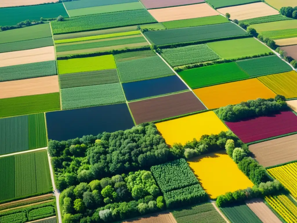 Vista aérea de campos agrícolas multicolores, biodiversidad y sostenibilidad en ecosistemas agrícolas diversidad