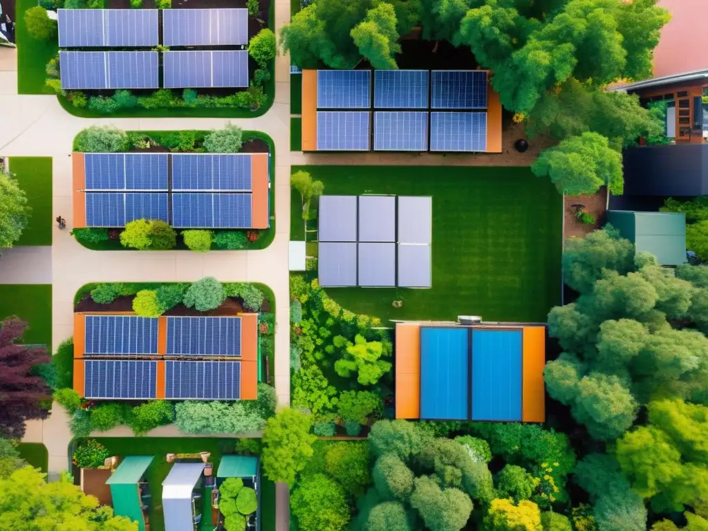 Vista aérea de un campus escolar vibrante con paneles solares, jardines verdes y estudiantes colaborando en proyectos ecológicos escolares sostenibles