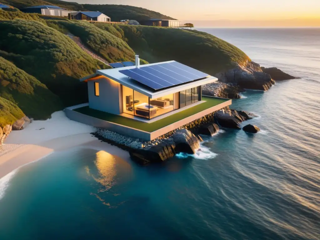 Vista aérea de una casa costera moderna con paneles solares y un convertidor de energía de olas