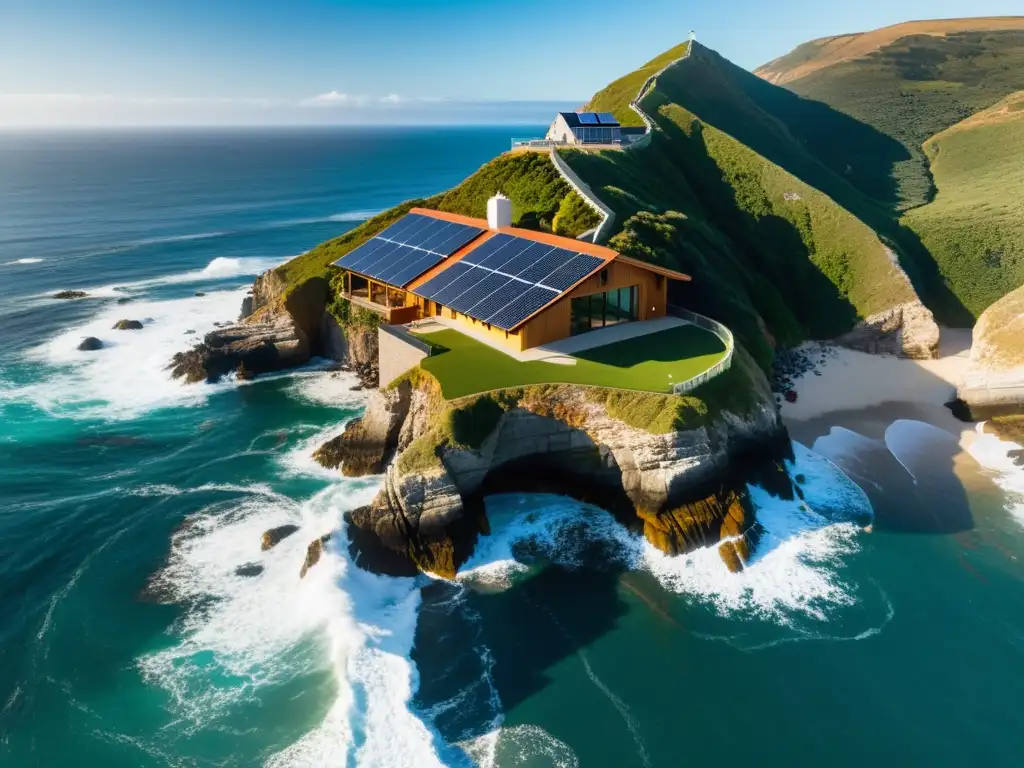 Vista aérea de casa costera con paneles solares, olas y acantilados