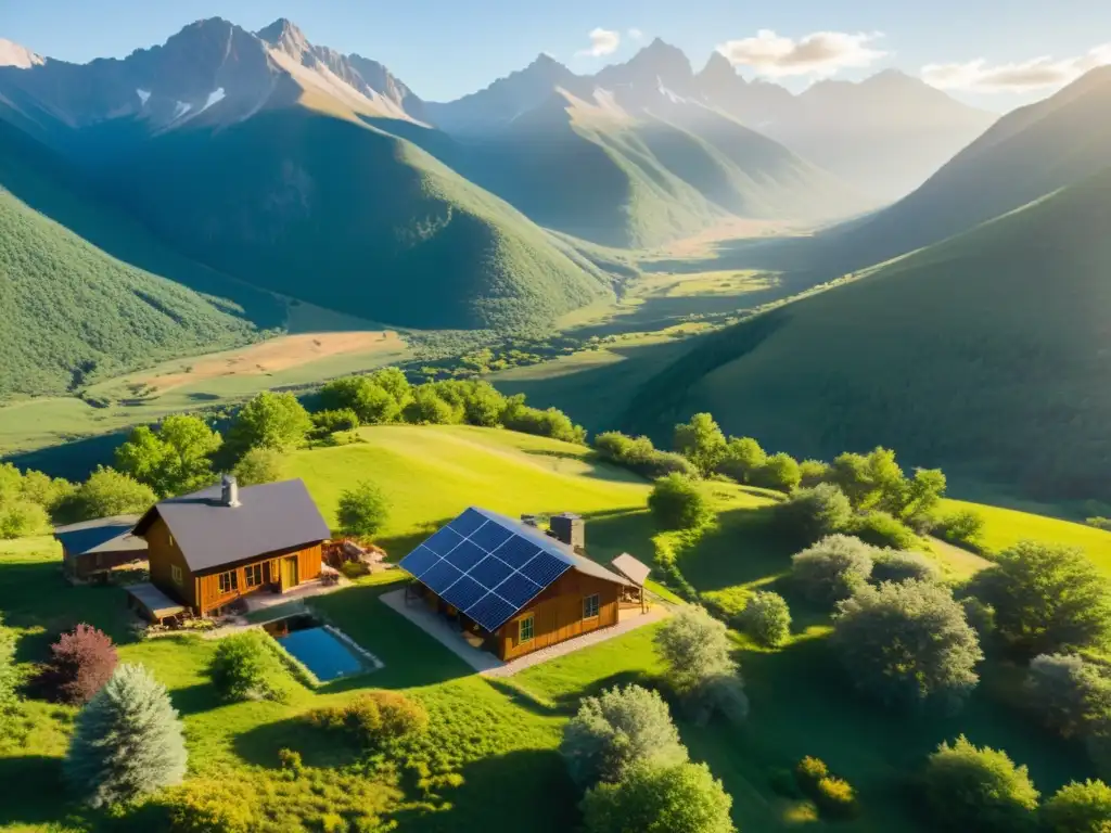 Vista aérea de una casa remota desconectada de la red eléctrica, rodeada de naturaleza exuberante y energía renovable