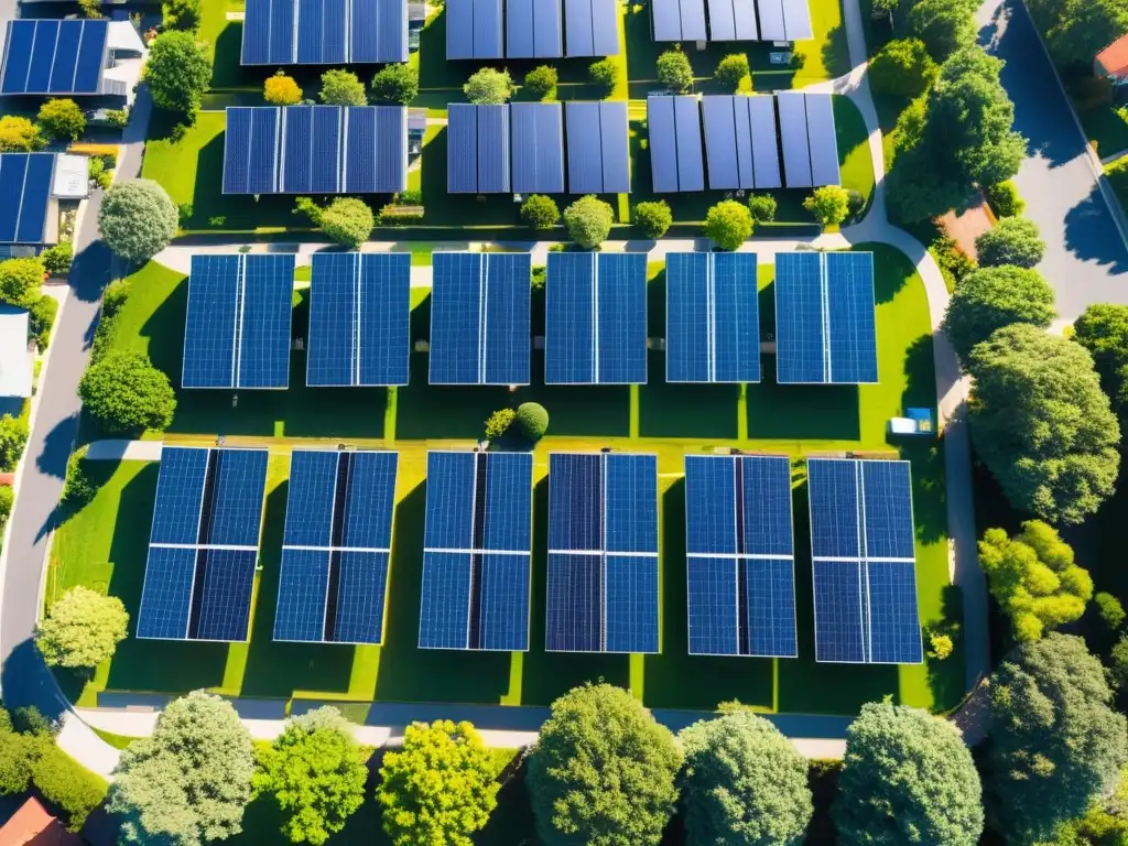 Vista aérea de casas con paneles solares, capturando la luz del sol para generar energía renovable