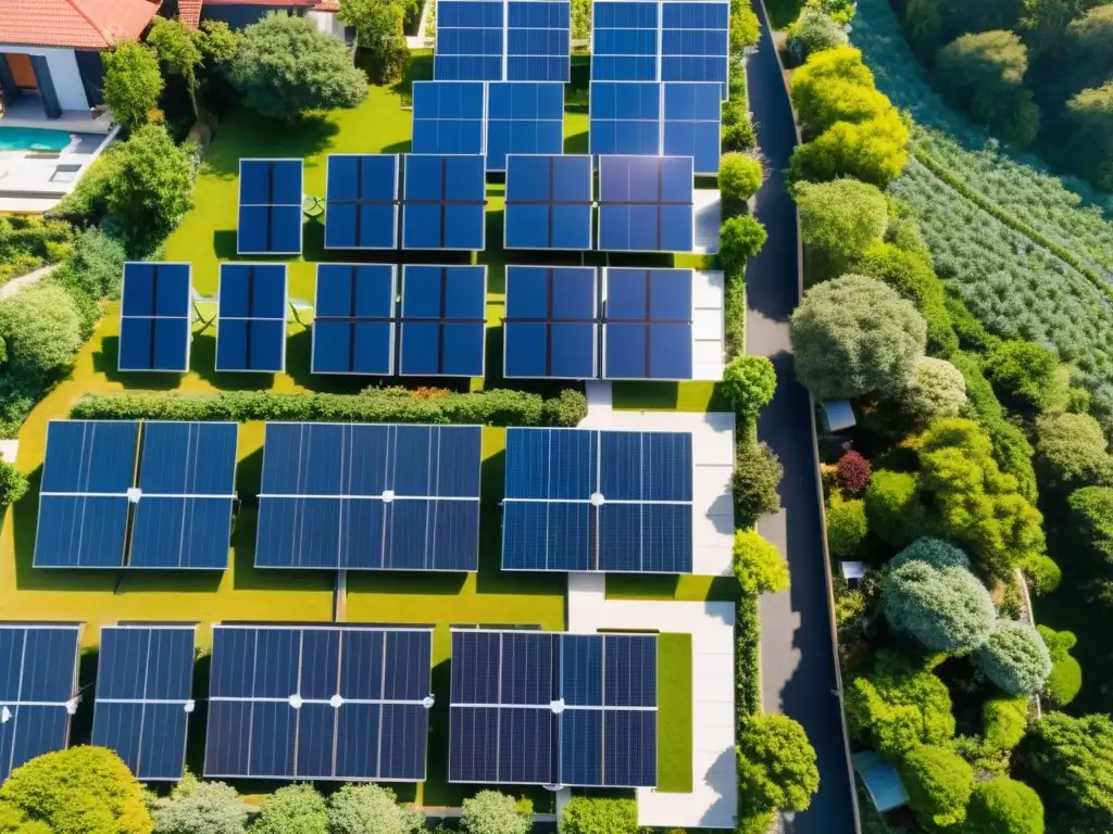 Vista aérea de casas con paneles solares, capturando energía sostenible