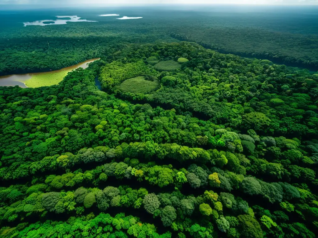 Vista aérea cautivadora de la exuberante selva amazónica, mostrando un dosel verde exuberante que se extiende hasta donde alcanza la vista