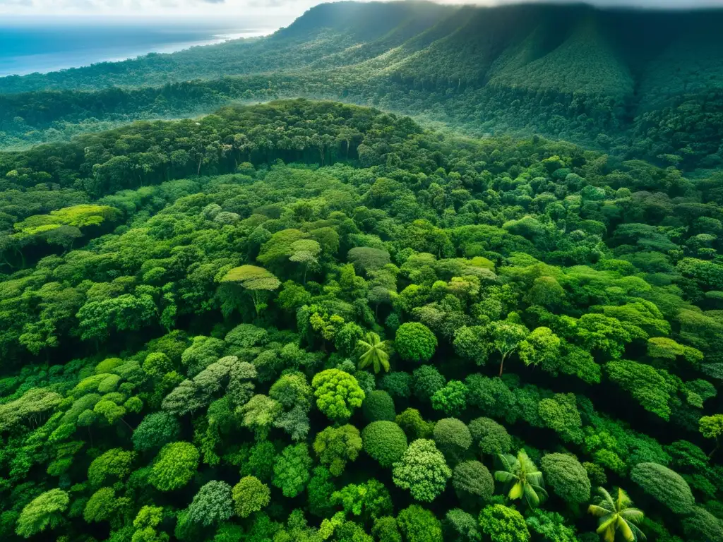 Vista aérea cautivadora de un exuberante y biodiverso bosque lluvioso, destacando la belleza natural y la complejidad del ecosistema