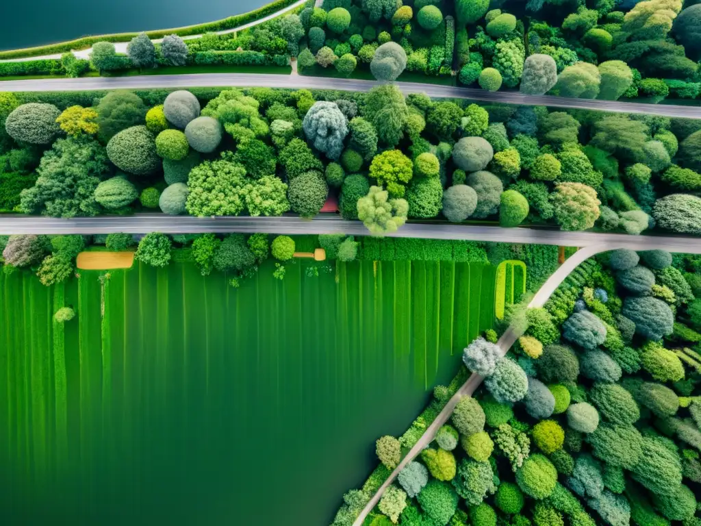 Vista aérea de una ciudad con armoniosa integración de espacios verdes y urbanos