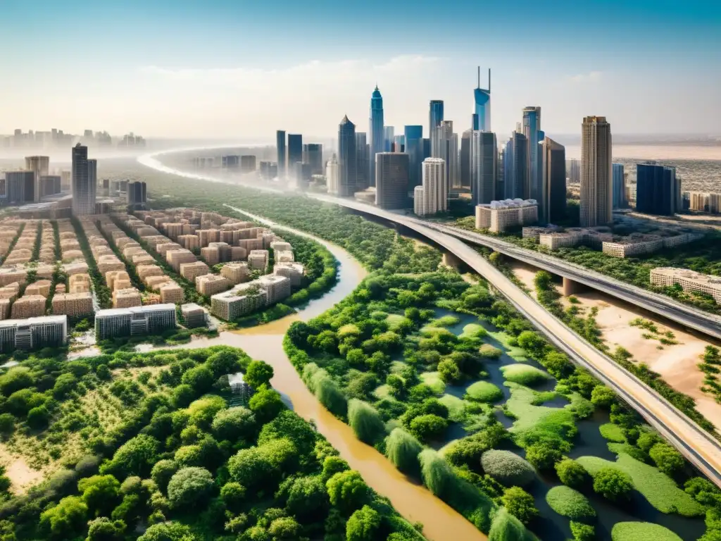 Vista aérea de una ciudad bulliciosa en contraste con escasez de agua en ciudades, río seco y tierra árida