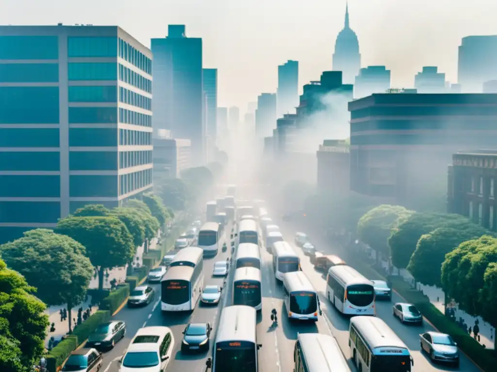 Vista aérea de ciudad congestionada con emisiones vehículos y smog, contrastando con parque verde