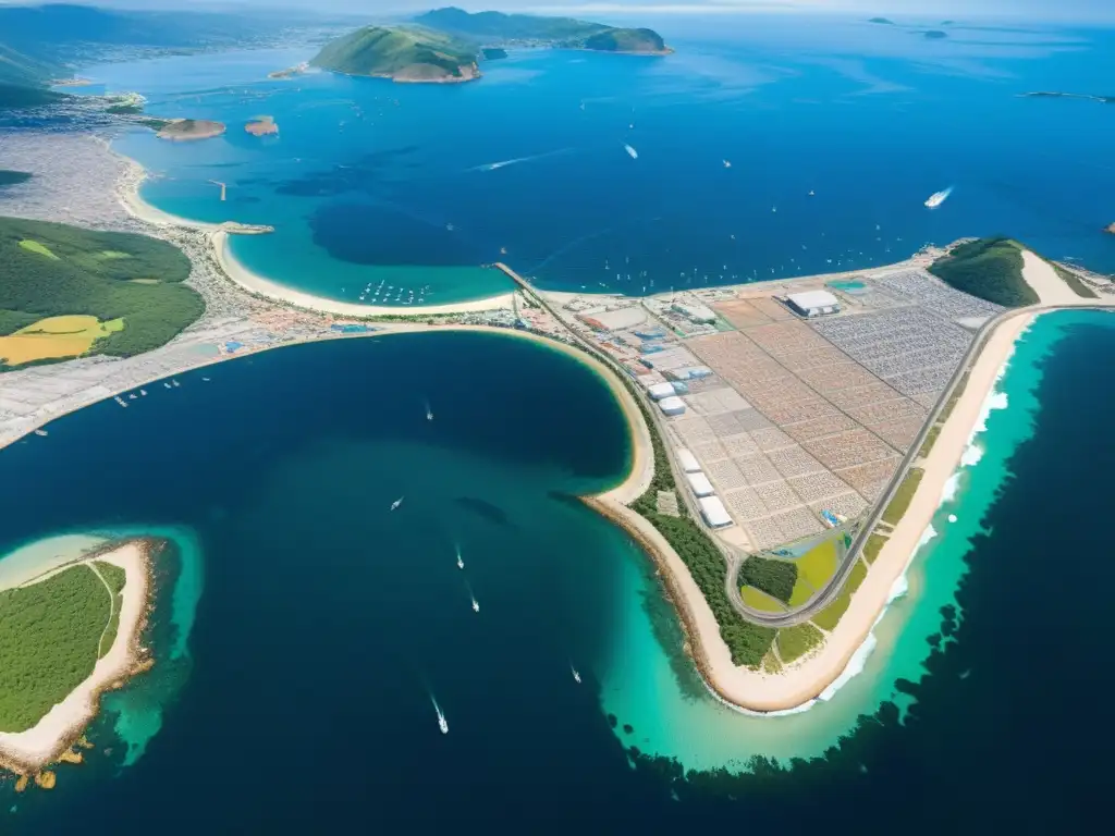 Vista aérea de una ciudad costera con transporte sostenible, integrando mar, tierra e infraestructura urbana