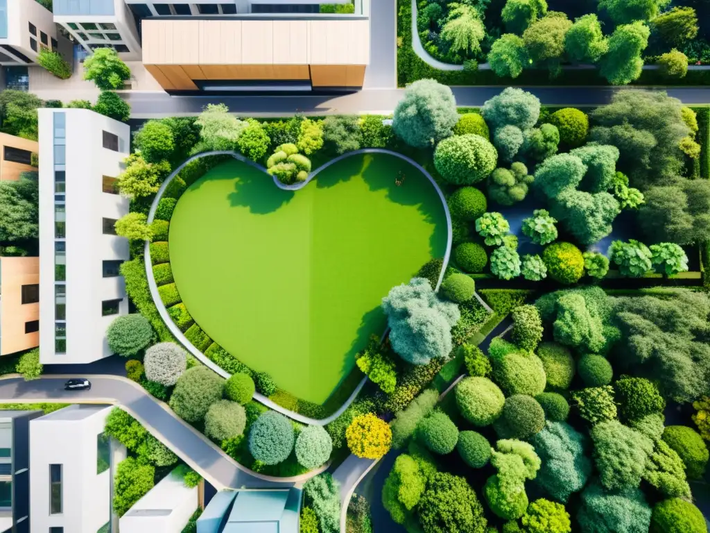 Vista aérea de una ciudad con estrategias de conservación de la biodiversidad en parques y calles arboladas integradas con edificios modernos