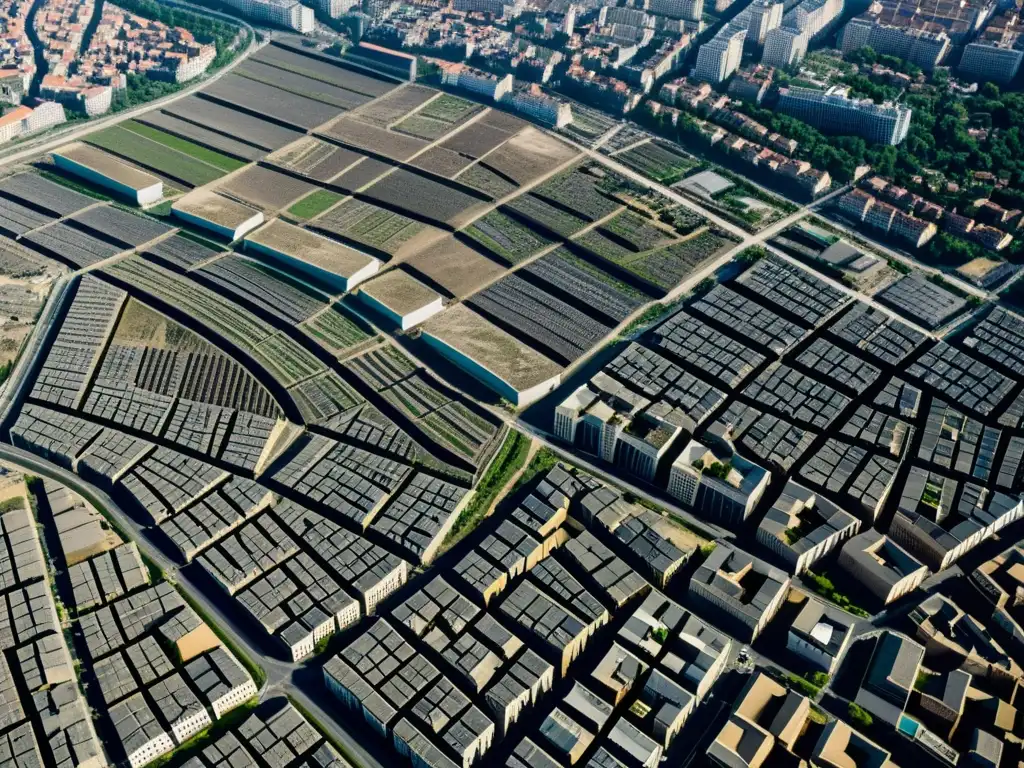 Vista aérea de la ciudad con impacto de erosión del suelo urbano, mostrando la degradación de la tierra bajo la infraestructura moderna