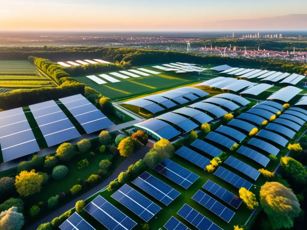 Vista aérea de ciudad moderna al atardecer con paneles solares en cada edificio, rodeada de vegetación y turbinas eólicas