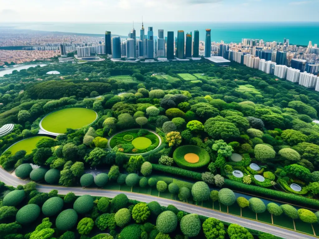 Vista aérea de una ciudad moderna integrada con parques verdes y arquitectura sostenible, resaltando la formación en economía circular sostenible