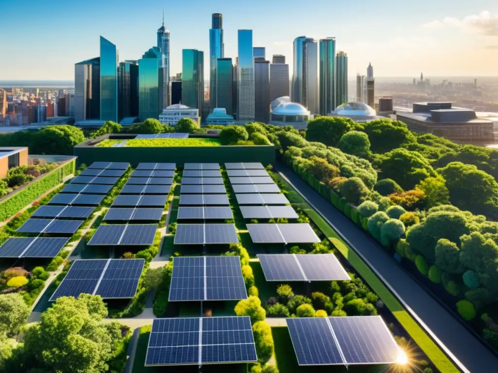 Vista aérea de ciudad moderna con techos verdes y paneles solares integrados