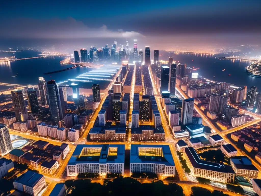 Vista aérea de la ciudad nocturna, con luces brillantes y smog, simbolizando el impacto ambiental y la importancia de la eficiencia energética