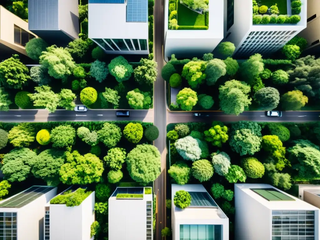 Vista aérea ultrarresolución de ciudad con parques, calles arboladas y jardines urbanos