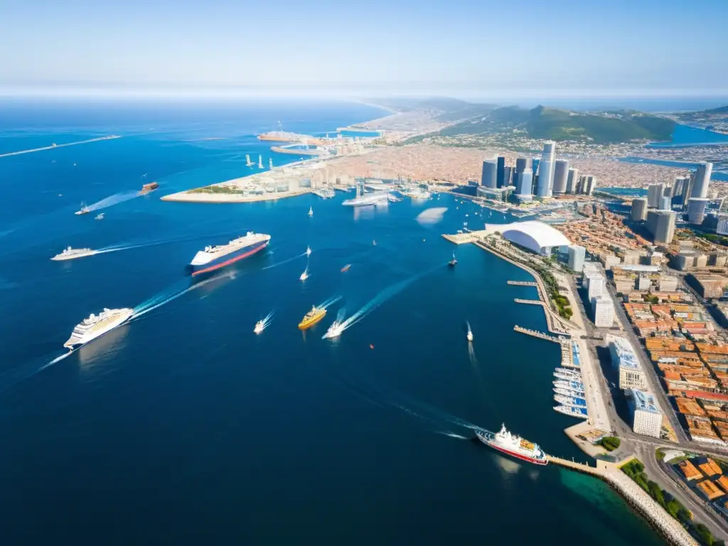 Vista aérea de una ciudad portuaria bulliciosa con barcos de varios tamaños y colores