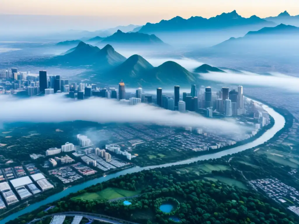 Vista aérea de una ciudad con smog contrastando con naturaleza prístina