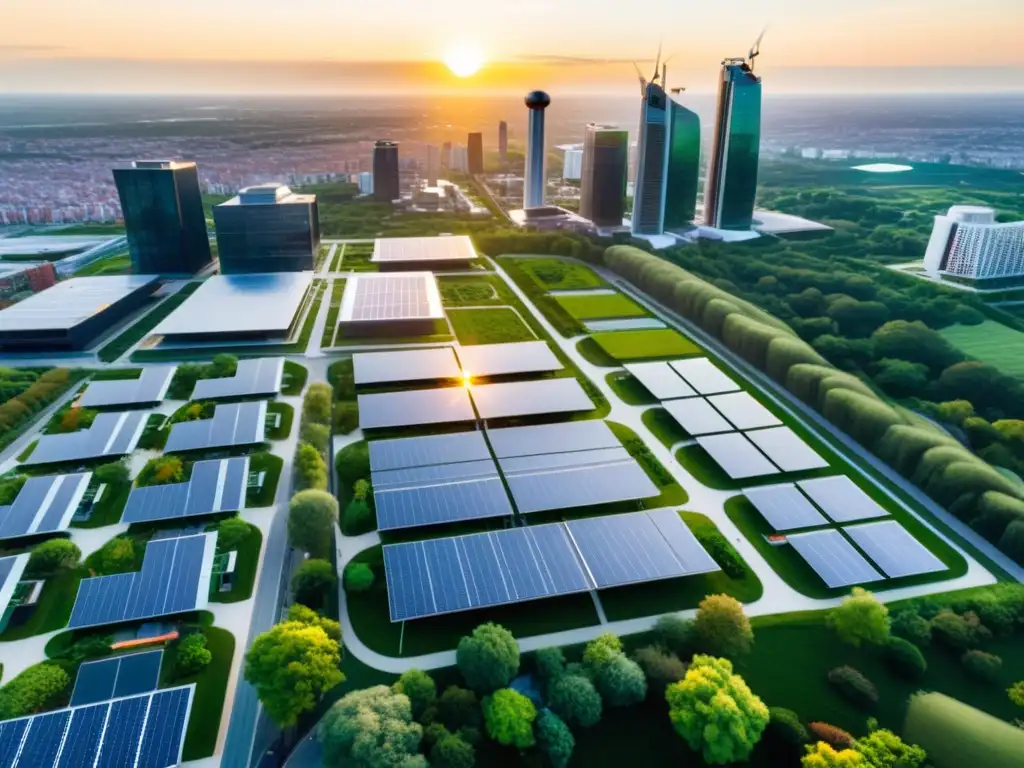 Vista aérea de ciudad con soluciones sostenibles, edificios verdes, paneles solares, turbinas eólicas y vehículos eléctricos