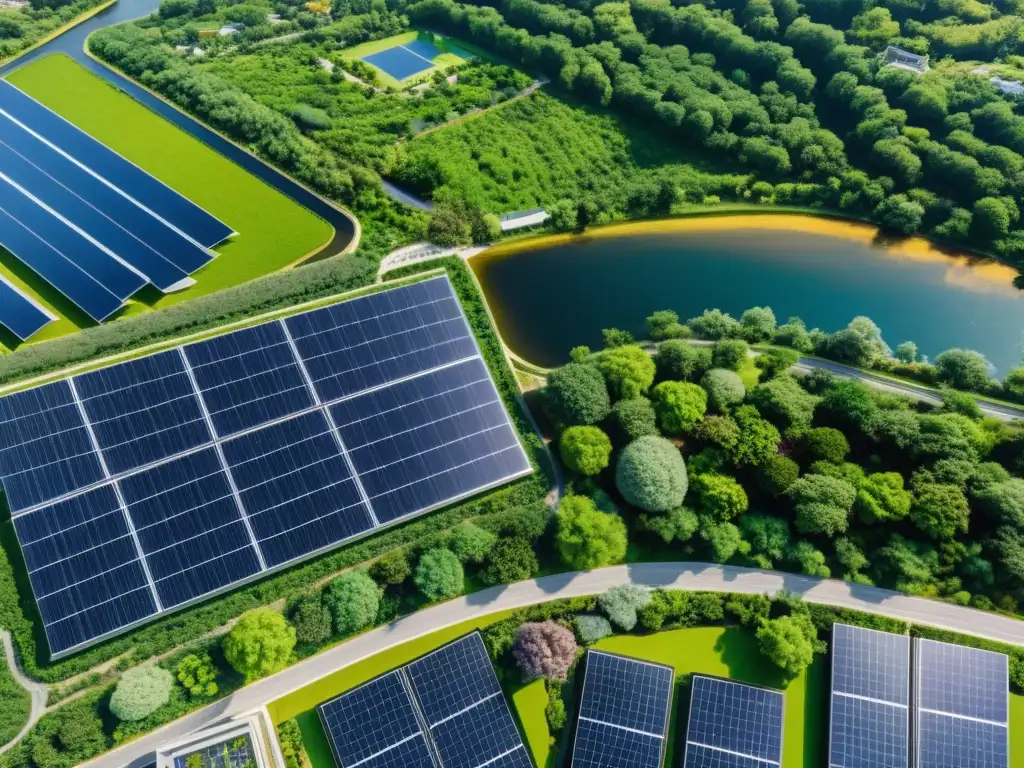 Vista aérea de una ciudad sostenible, con eficiencia energética y diseño urbano integrado en armonía con la naturaleza