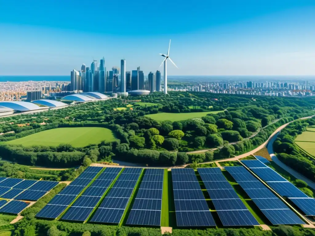 Vista aérea de una ciudad sostenible con rascacielos, parques verdes y energía renovable