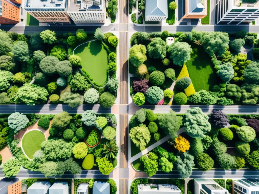 Vista aérea de una ciudad sostenible con espacios verdes y planificación ambiental estratégica ciudades sostenibles