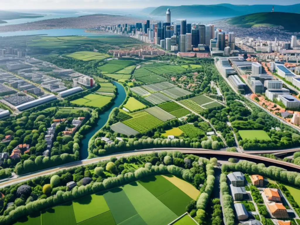 Vista aérea de una ciudad sostenible, con edificios modernos y arquitectura tradicional