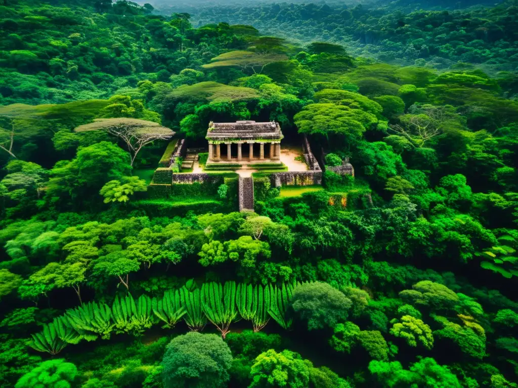 Vista aérea de civilizaciones perdidas entre densa selva, evocando exploración y misterio en la historia antigua