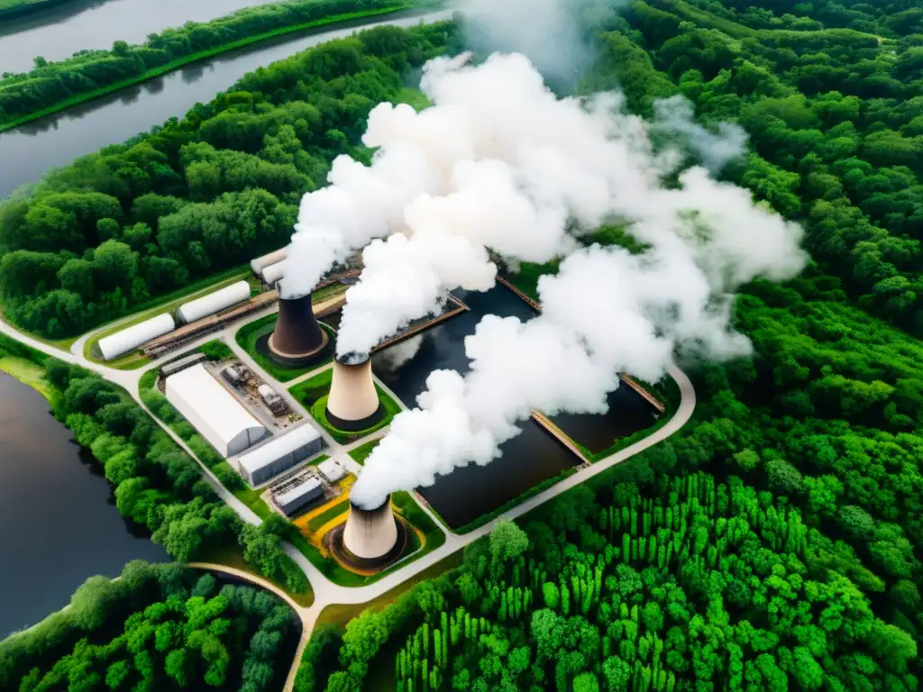 Vista aérea de un complejo industrial moderno rodeado de vegetación exuberante, con un río a su lado