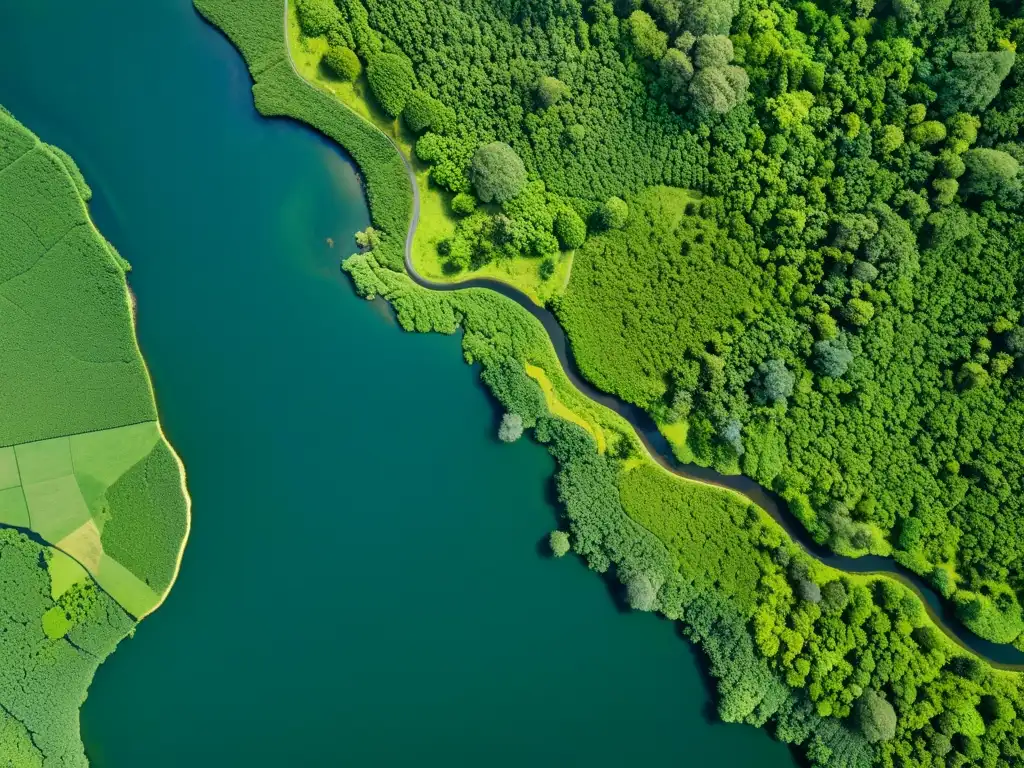 Vista aérea de complejos ecosistemas: bosques, ríos, praderas y hábitats naturales