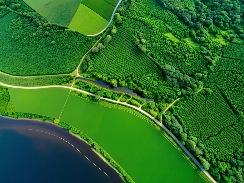 Vista aérea de corredores biológicos, vital para la conectividad ecológica en paisaje diverso y exuberante