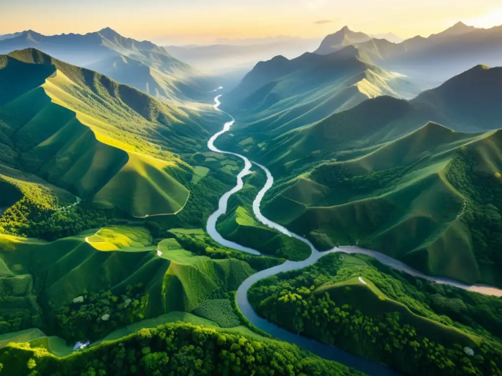 Vista aérea de corredores ecológicos entre montañas y valles, resaltando la biodiversidad en un paisaje vibrante y vital