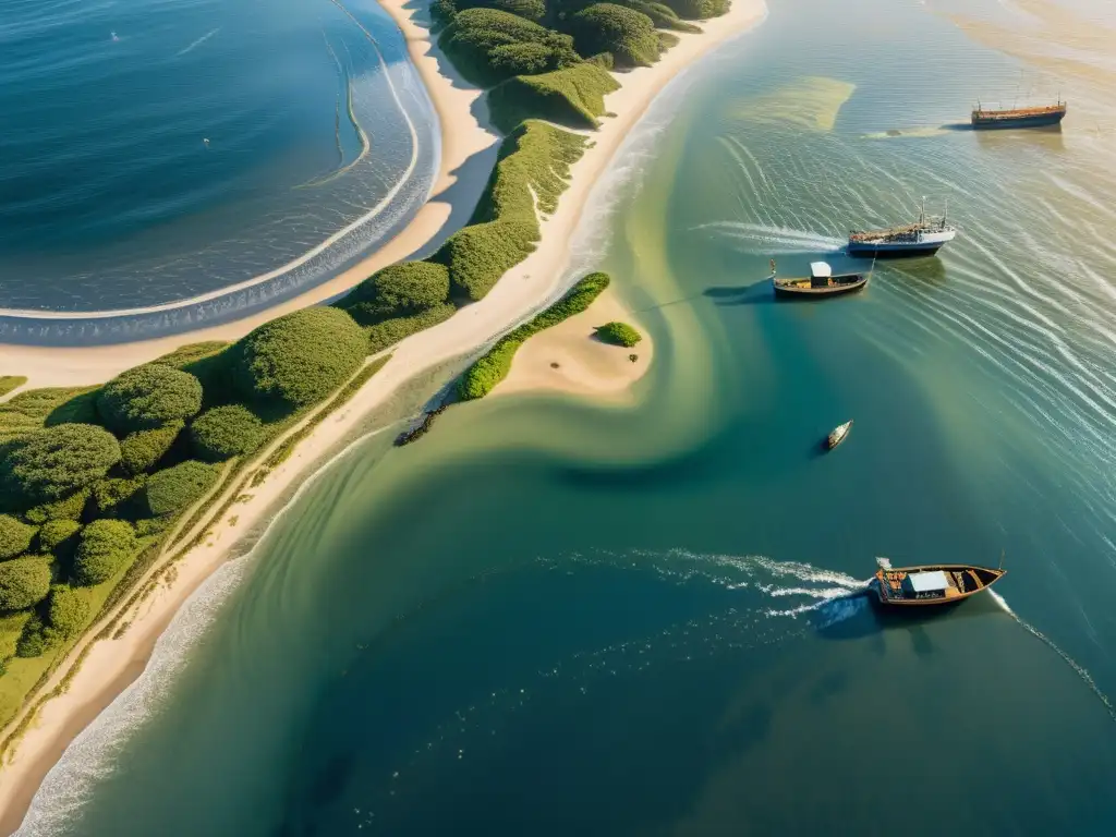 Vista aérea de corrientes y mareas en ecosistemas costeros, con barcos de pesca y actividad humana en la costa