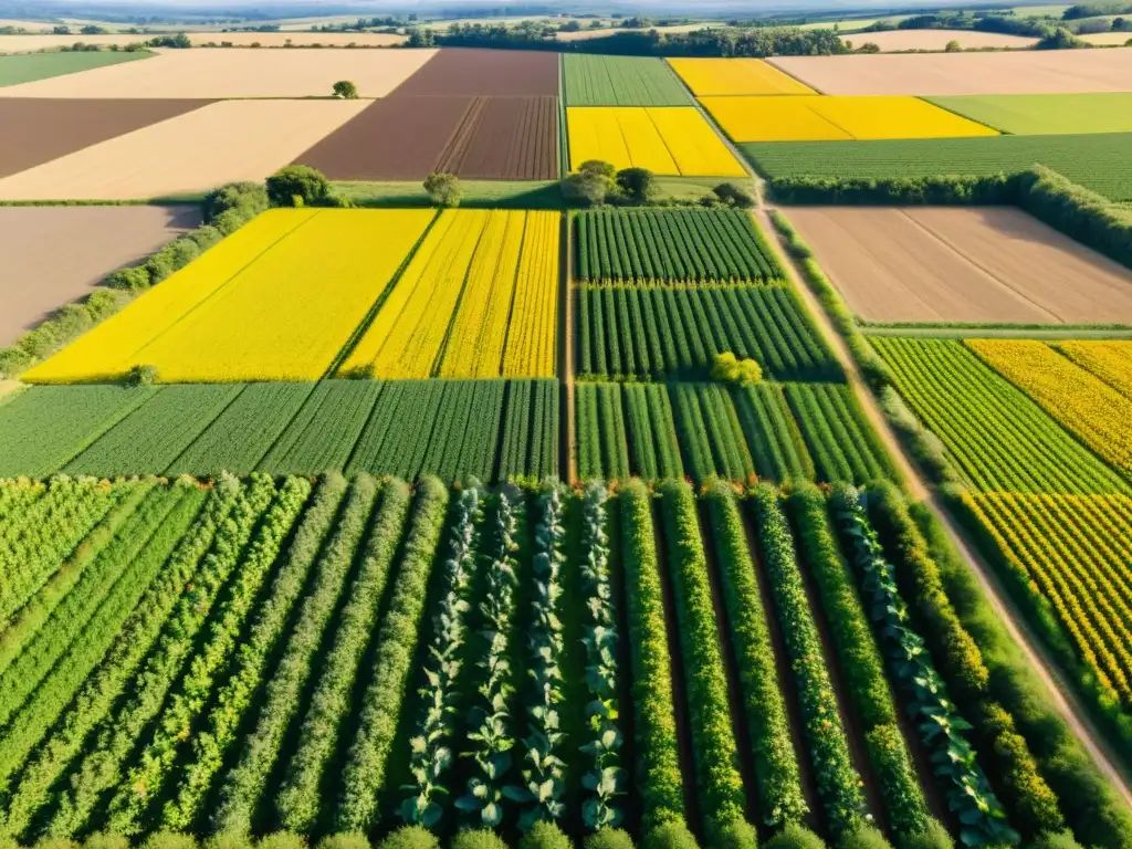 Vista aérea de cosechas resilientes al cambio climático, con agricultores trabajando en armonía con la naturaleza