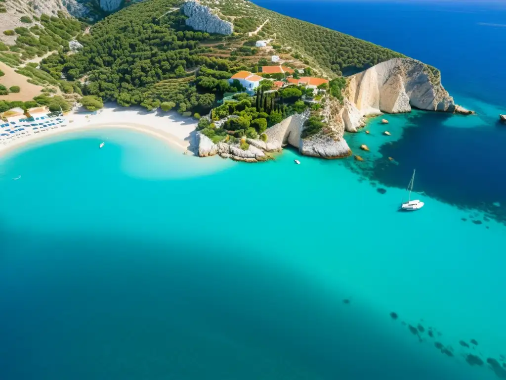 Vista aérea de la costa de una isla griega, aguas turquesas, playas doradas, edificios blancos y laderas verdes