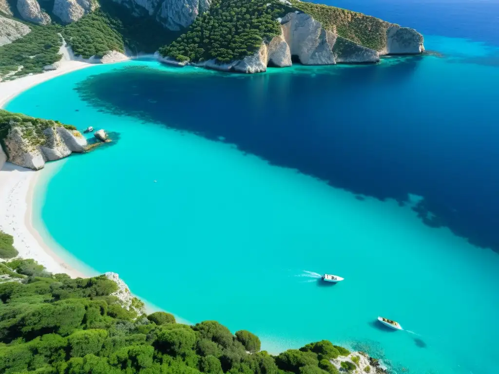 Vista aérea de la costa prístina de las Islas Griegas, con aguas turquesas, playas blancas y exuberante vegetación