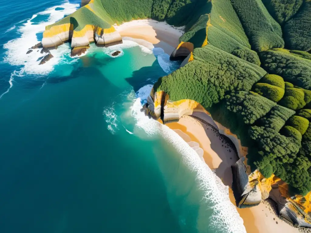 Vista aérea de una costa rocosa con olas rompientes y acantilados, capturada por un dron de alta resolución