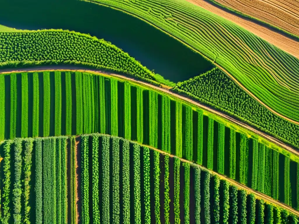 Vista aérea de cultivos verdes en terrazas, técnicas conservación suelo evitar erosión