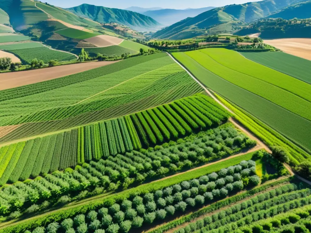 Vista aérea de cultivos verdes en terrazas con técnicas conservación suelos erosión desertificación